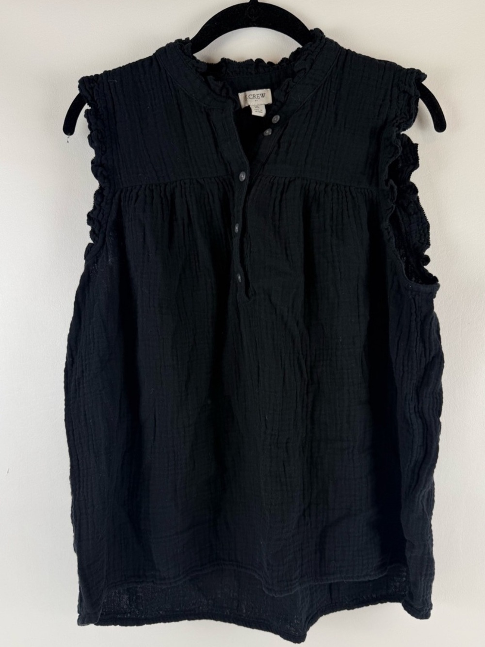 J. Crew Black Ruffle Sleeve Button Placket Blouse